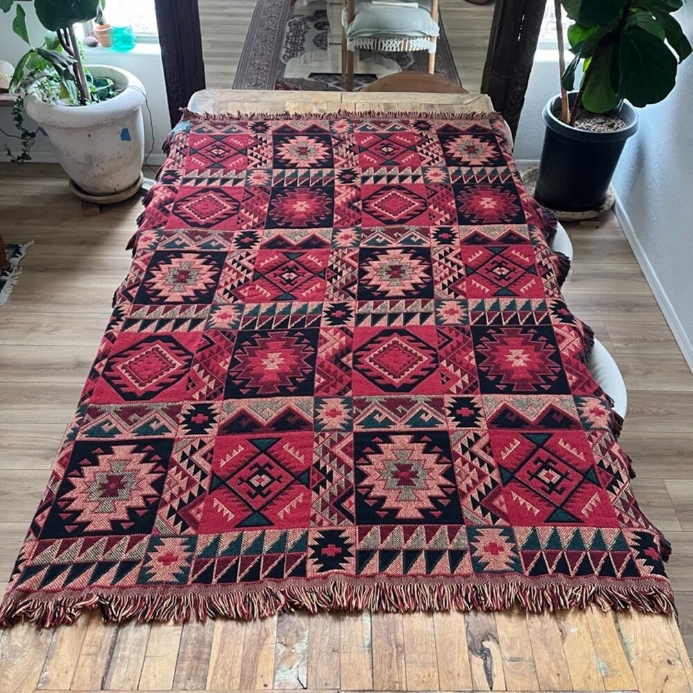 Goodwin Weavers Cotton Throw Blanket 46" x 66" Red Multi Aztec Reversible
